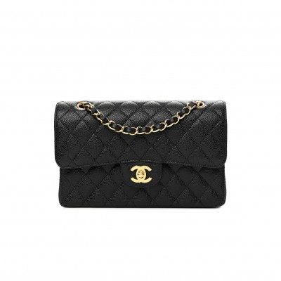 CHANEL CAVIAR QUILTED SMALL DOUBLE FLAP BLACK  GOLD HARDWARE (23*14*6cm)