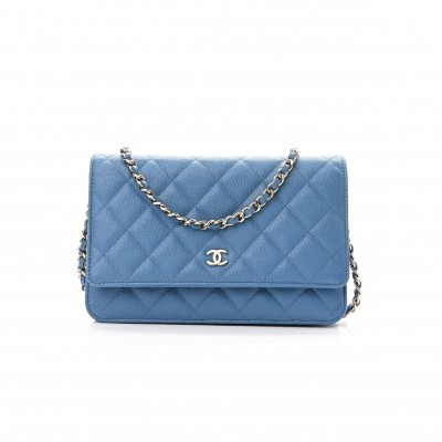 CHANEL CAVIAR QUILTED WALLET ON CHAIN WOC BLUE SILVER HARDWARE (19*13*4cm)
