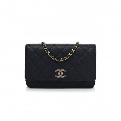 CHANEL CAVIAR QUILTED PERFORATED METAL WALLET ON CHAIN WOC NAVY ROSE GOLD HARDWARE (19*13*4cm)