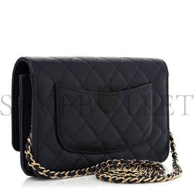 CHANEL CAVIAR QUILTED PERFORATED METAL WALLET ON CHAIN WOC NAVY ROSE GOLD HARDWARE (19*13*4cm)