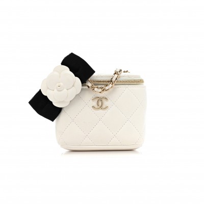 CHANEL LAMBSKIN QUILTED MINI CAMELLIA BOW VANITY CASE WITH CHAIN WHITE GOLD HARDWARE (10*9*8cm)