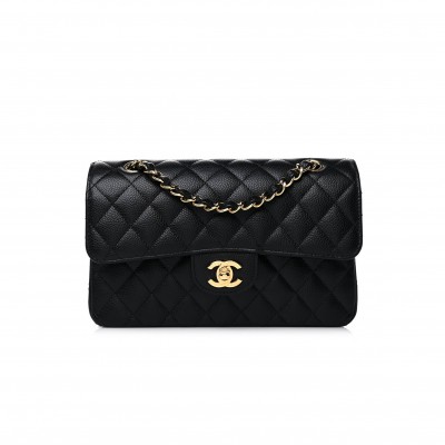 CHANEL CAVIAR QUILTED SMALL DOUBLE FLAP BLACK GOLD HARDWARE (23*15*6cm)