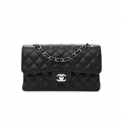 CHANEL CAVIAR QUILTED SMALL DOUBLE FLAP BLACK SILVER HARDWARE (23*14*6cm)