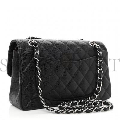 CHANEL CAVIAR QUILTED SMALL DOUBLE FLAP BLACK SILVER HARDWARE (23*14*6cm)