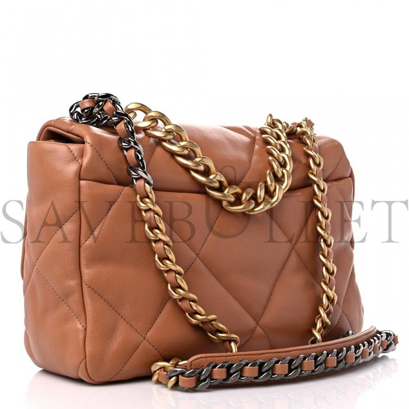 CHANEL LAMBSKIN QUILTED LARGE CHANEL 19 FLAP BROWN GOLD HARDWARE (30*20*9cm)
