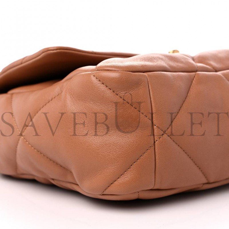 CHANEL LAMBSKIN QUILTED LARGE CHANEL 19 FLAP BROWN GOLD HARDWARE (30*20*9cm)