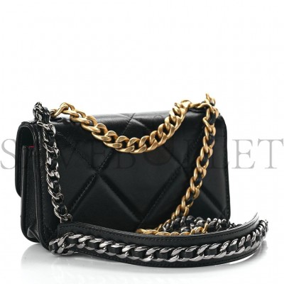 CHANEL LAMBSKIN QUILTED CHANEL 19 FLAP PHONE HOLDER WITH CHAIN BLACK GOLD HARDWARE (17*10*4cm)