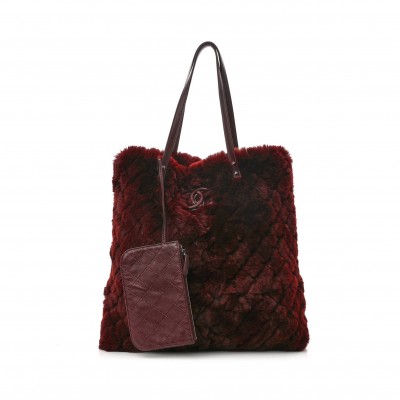 CHANEL RABBIT FUR QUILTED PATTERN SHOPPING TOTE BURGUNDY RED HARDWARE (36*36*10cm)
