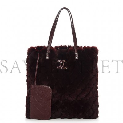 CHANEL RABBIT FUR QUILTED PATTERN SHOPPING TOTE BURGUNDY RED HARDWARE (36*36*10cm)