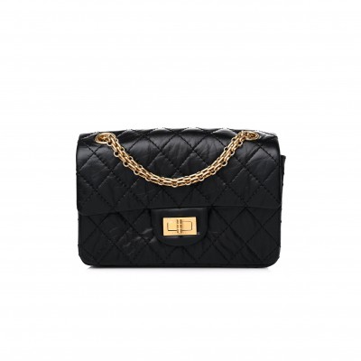 CHANEL CALFSKIN QUILTED 2.55 REISSUE MINI FLAP BLACK GOLD HARDWARE (27*18*8cm)