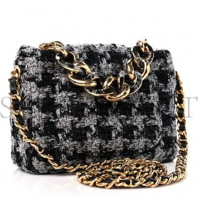 CHANEL WOOL TWEED QUILTED SMALL ELEGANT CHAIN FLAP BLACK GREY GOLD HARDWARE (20*15*6cm)