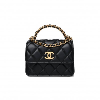 CHANEL LAMBSKIN QUILTED CHAIN TOP HANDLE CLUTCH WITH CHAIN BLACK GOLD HARDWARE (13*10*6cm)