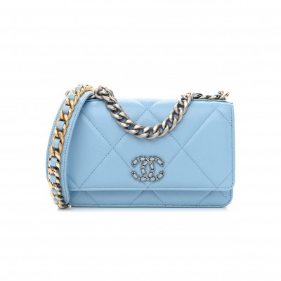 CHANEL LAMBSKIN QUILTED CHANEL 19 WALLET ON CHAIN WOC LIGHT BLUE SILVER HARDWARE (19*12*4cm)