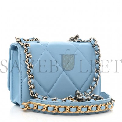 CHANEL LAMBSKIN QUILTED CHANEL 19 WALLET ON CHAIN WOC LIGHT BLUE SILVER HARDWARE (19*12*4cm)