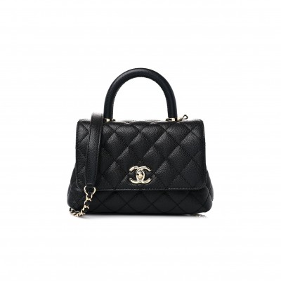CHANEL CAVIAR QUILTED EXTRA MINI COCO HANDLE FLAP BLACK SILVER HARDWARE (18*13*9cm)