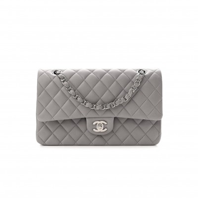 CHANEL LAMBSKIN QUILTED MEDIUM DOUBLE FLAP GREY SILVER HARDWARE (25*15*7cm)