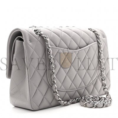 CHANEL LAMBSKIN QUILTED MEDIUM DOUBLE FLAP GREY SILVER HARDWARE (25*15*7cm)