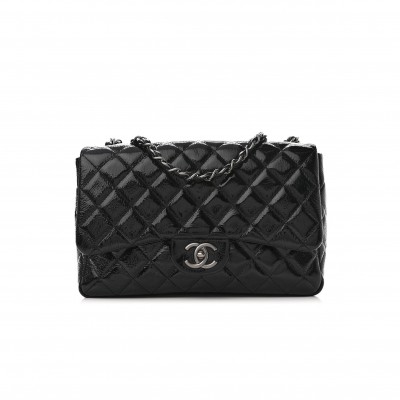 CHANEL CRINKLED PATENT QUILTED JUMBO SINGLE FLAP BLACK SILVER HARDWARE (30*18*8cm)