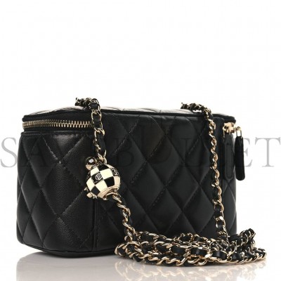 CHANEL LAMBSKIN QUILTED PEARL CRUSH SMALL VANITY CASE WITH CHAIN BLACK ROSE GOLD HARDWARE (17*10*8cm)