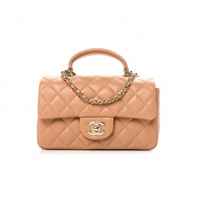CHANEL LAMBSKIN QUILTED MINI TOP HANDLE RECTANGULAR FLAP BEIGE ROSE GOLD HARDWARE (19*13*6cm)