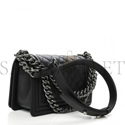CHANEL CAVIAR QUILTED SMALL BOY FLAP BLACK SILVER HARDWARE (19.7*12.1*7.6cm)