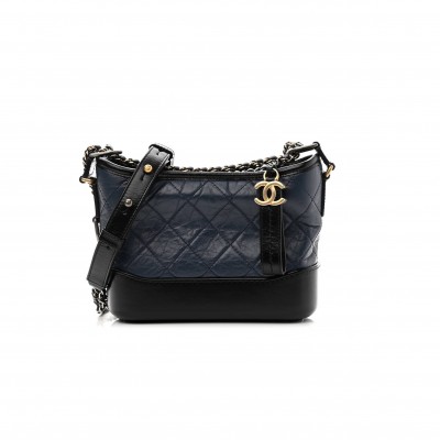 CHANEL AGED CALFSKIN QUILTED SMALL GABRIELLE HOBO NAVY BLACK GOLD HARDWARE (20*16*8cm)