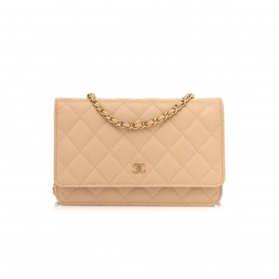 CHANEL CAVIAR QUILTED WALLET ON CHAIN WOC BEIGE ROSE GOLD HARDWARE (20*13*3cm)