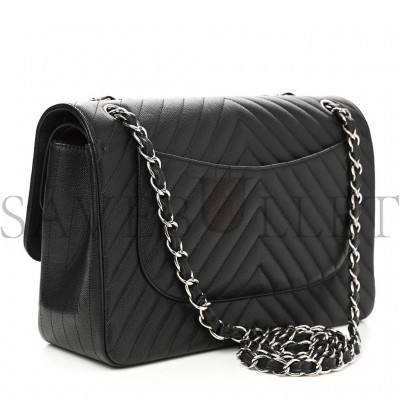 CHANEL CAVIAR CHEVRON QUILTED JUMBO DOUBLE FLAP BLACK SILVER HARDWARE (30*20*9cm)