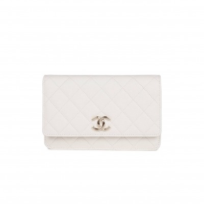 CHANEL WALLET ON CHAIN WOC WHITE CAVIAR LIGHT GOLD HARDWARE (19*12*4cm)