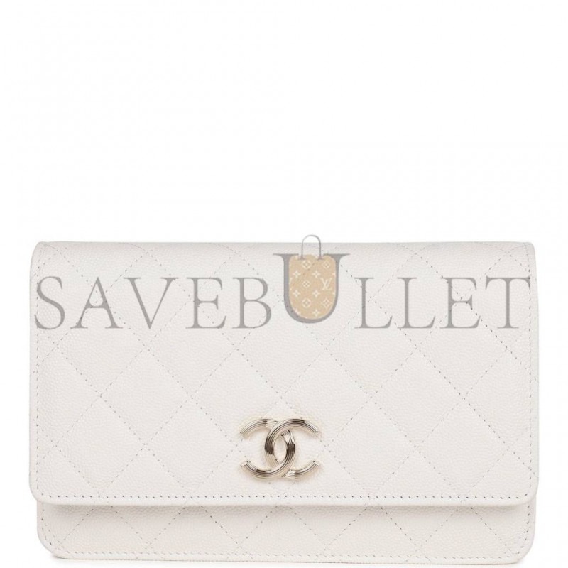 CHANEL WALLET ON CHAIN WOC WHITE CAVIAR LIGHT GOLD HARDWARE (19*12*4cm)