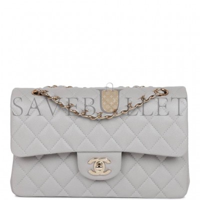 CHANEL SMALL CLASSIC DOUBLE FLAP GREY CAVIAR LIGHT GOLD HARDWARE (23*13*6cm)
