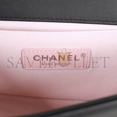 CHANEL SMALL BOY BAG BLACK CALFSKIN AND PEARL SILVER HARDWARE (20*12*8cm)