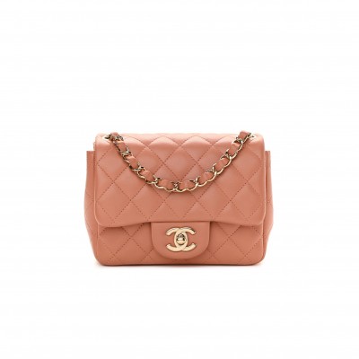 CHANEL LAMBSKIN QUILTED MINI SQUARE FLAP BROWN ROSE GOLD HARDWARE (20*15*8cm)