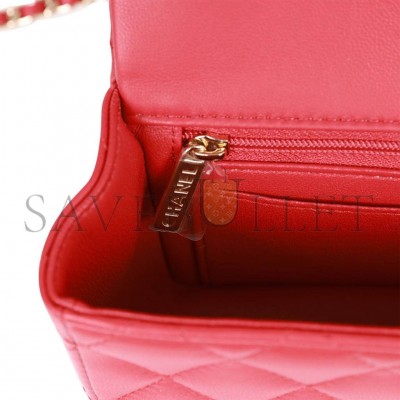 CHANEL MINI RECTANGULAR FLAP BAG WITH TOP HANDLE RED LAMBSKIN LIGHT GOLD HARDWARE (22*15*8cm)
