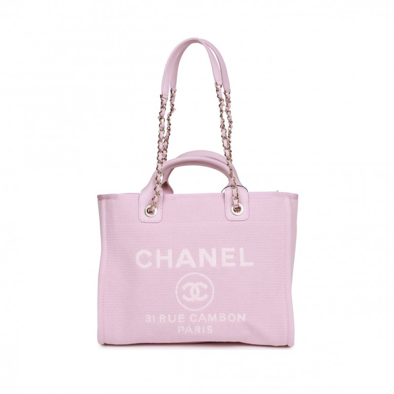 CHANEL SMALL DEAUVILLE SHOPPING BAG PINK BOUCLE LIGHT GOLD HARDWARE (34*27*15cm)