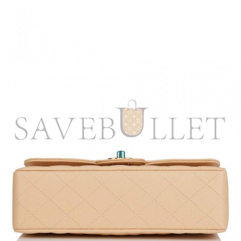 CHANEL SMALL CLASSIC DOUBLE FLAP BAG BEIGE CAVIAR GOLD HARDWARE (23*13*6cm)