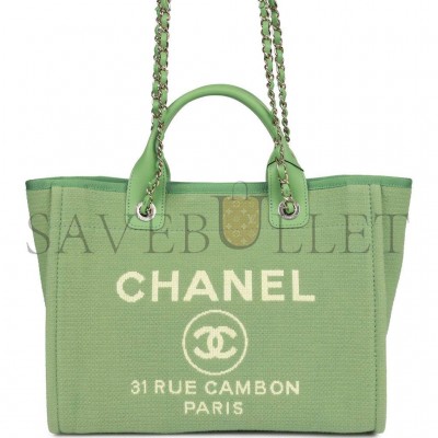 CHANEL SMALL DEAUVILLE SHOPPING BAG GREEN BOUCLE LIGHT GOLD HARDWARE (34*27*15cm)