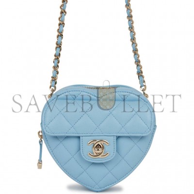 CHANEL CC IN LOVE HEART CLUTCH WITH CHAIN BLUE LAMBSKIN LIGHT GOLD HARDWARE (13*13*5cm)