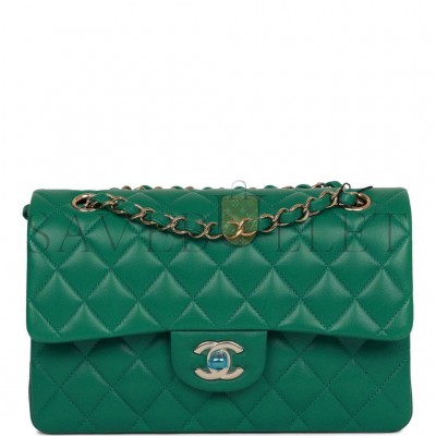 CHANEL SMALL CLASSIC DOUBLE FLAP BAG GREEN LAMBSKIN LIGHT GOLD HARDWARE (23*13*6cm)