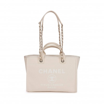CHANEL SMALL DEAUVILLE SHOPPING BAG WHITE BOUCLE LIGHT GOLD HARDWARE (34*27*15cm)