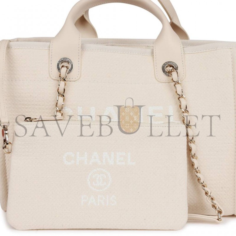 CHANEL SMALL DEAUVILLE SHOPPING BAG WHITE BOUCLE LIGHT GOLD HARDWARE (34*27*15cm)