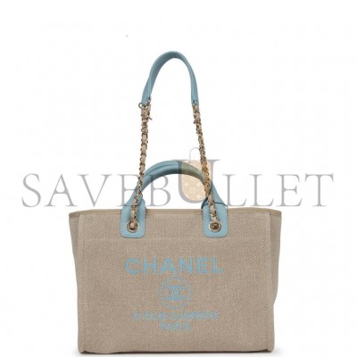 CHANEL SMALL DEAUVILLE SHOPPING BAG BLUE AND BEIGE BOUCLE LIGHT GOLD HARDWARE (34*27*15cm)