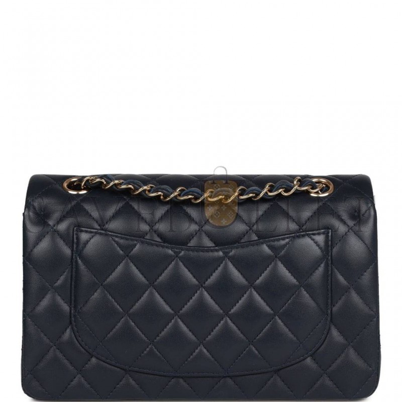 CHANEL SMALL CLASSIC DOUBLE FLAP NAVY LAMBSKIN LIGHT GOLD HARDWARE (23*13*6cm)