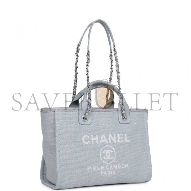 CHANEL SMALL DEAUVILLE SHOPPING BAG BLUE BOUCLE SILVER HARDWARE (34*27*15cm)