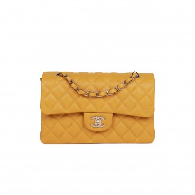 CHANEL SMALL CLASSIC DOUBLE FLAP YELLOW CAVIAR LIGHT GOLD HARDWARE (23*13*6cm)