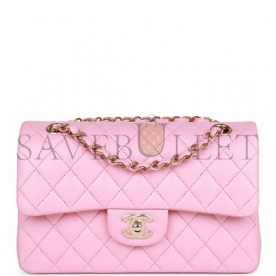 CHANEL SMALL CLASSIC DOUBLE FLAP PINK LAMBSKIN LIGHT GOLD HARDWARE (23*13*6cm)