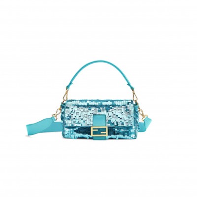 FENDI BAGUETTE - TURQUOISE SEQUIN AND LEATHER BAG 8BR600AMP0F1JTX (27*15*6cm)