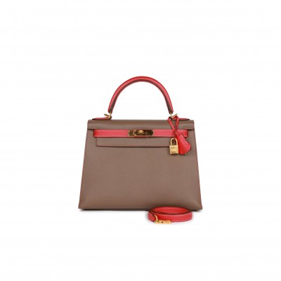 HERMES SPECIAL ORDER (HSS) KELLY SELLIER 28 ETOUPE AND ROUGE TOMATE EPSOM BRUSHED GOLD HARDWARE (28.6*21*12.1cm)