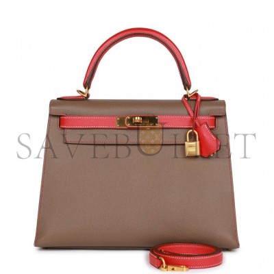 HERMES SPECIAL ORDER (HSS) KELLY SELLIER 28 ETOUPE AND ROUGE TOMATE EPSOM BRUSHED GOLD HARDWARE (28.6*21*12.1cm)