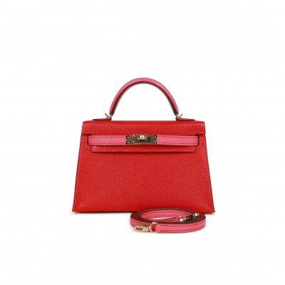 HERMES SPECIAL ORDER (HSS) KELLY MINI SELLIER 20 ROUGE DE COEUR AND ROSE LIPSTICK CHEVRE PERMABRASS HARDWARE (19.1*11.4*5.6cm)
